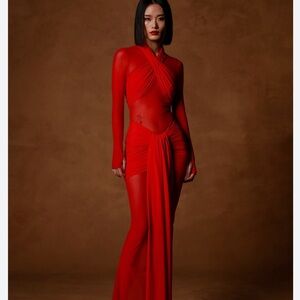 Bronx and Banco Red Sheer Long-Sleeve Draped Gown
